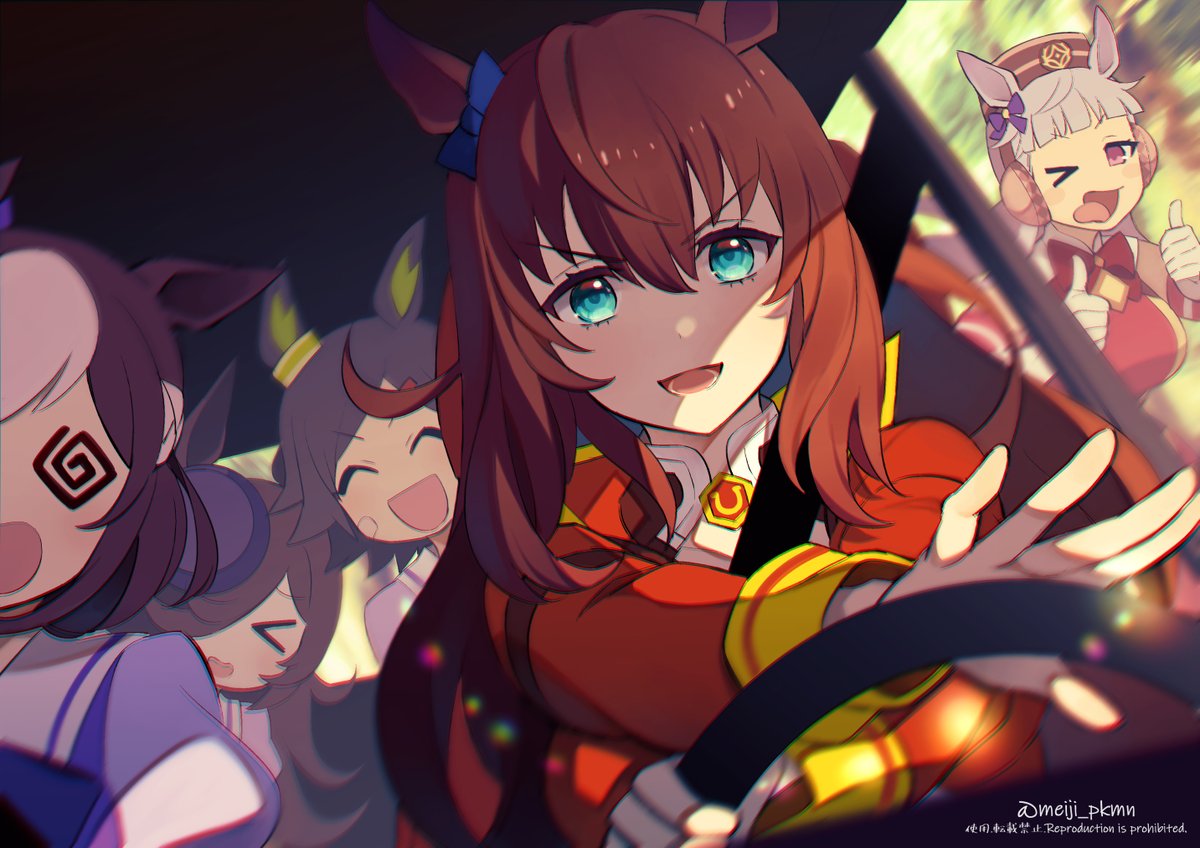 >_o, 5girls, @_@, ^_^, animal_ears, bandaid, bandaid_on_face, bangs, blunt_bangs, brown_hair, car_interior, closed_eyes, dress, gold_ship_(umamusume), grey_hair, hair_over_one_eye, hat, horse_ears, horse_girl, jacket, lens_flare, long_hair, long_sleeves, looking_at_viewer, maruzensky_(umamusume), meiji_ken, motion_blur, multiple_girls, one_eye_closed, open_mouth, red_dress, red_jacket, rice_shower_(umamusume), school_uniform, smile, special_week_(umamusume), spiral-only_eyes, steering_wheel, thumbs_up, tongue, tongue_out, tracen_school_uniform, twitter_username, umamusume, winning_ticket_(umamusume)