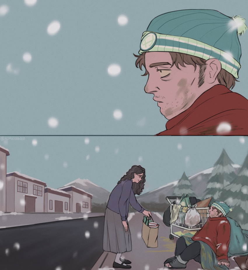 1boy, 1girl, alternate_universe, beanie, black_hair, blanket, brown_hair, dirty, dirty_face, eric_cartman, glasses, hat, highres, long_hair, long_skirt, older, outdoors, shopping_cart, short_hair, sitting, skirt, snow, south_park, south_park:_post_covid, spoilers, sweater, yentl_cartman