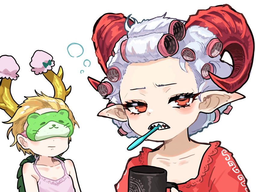 2girls, alternate_costume, blonde_hair, character_print, commentary_request, cup, dragon_horns, grey_hair