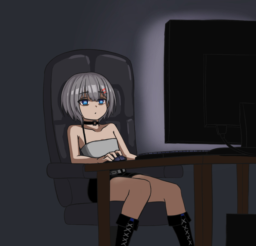 1girl, bags_under_eyes, bare_arms, bare_shoulders, belt, belt_buckle, black_choker, black_footwear, black_shorts, blank_stare, blue_eyes, bob_cut, boots, bored, bra_strap, breasts, buckle, chair, choker, closed_mouth, collarbone, computer, cross-laced_footwear, desk, dot_mouth, drawfag, eye_reflection, eyebrows_visible_through_hair, grey_hair, keyboard_(computer), lace-up_boots, medium_hair, meme, monitor, mouse_(computer), o-ring, o-ring_choker, office_chair, reflection, rurine_luna, shade, shorts, sitting, small_breasts, solo, tank_top, wactor_production, white_belt, white_tank_top