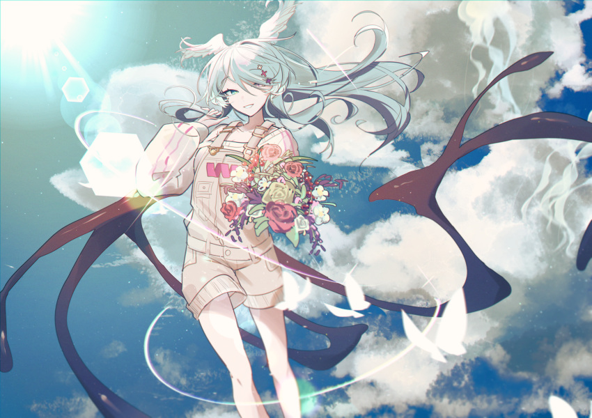 1girl, bangs, blue_eyes, bouquet, bug, butterfly, clouds, dragon_wings, elira_pendora, eyebrows_visible_through_hair, feet_out_of_frame, flower, grin, hair_ornament, head_wings, heterochromia, highres, holding, holding_bouquet, lens_flare, long_hair, nijisanji, nijisanji_en, off-shoulder_sweater, off_shoulder, okyurita, overalls, playing_with_own_hair, sky, smile, solar, solo, sun, sweater, swept_bangs, symbol-shaped_pupils, virtual_youtuber, white_eyes, white_sweater, wings