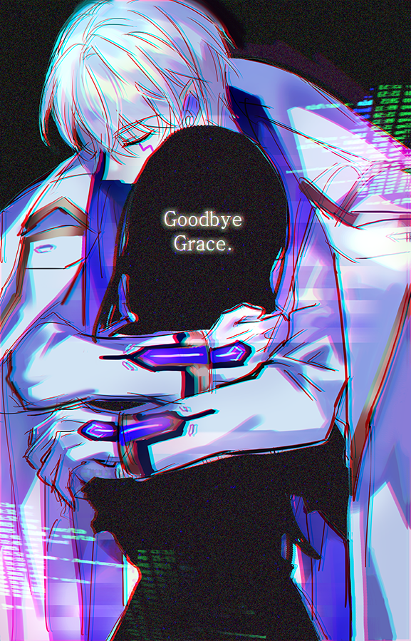 1boy, 1girl, add_(elsword), bangs, character_request, closed_eyes, closed_mouth, coat, coat_on_shoulders, dominator_(elsword), elsword, english_commentary, english_text, eyebrows_visible_through_hair, fractalmagnolia, gloves, hair_between_eyes, hug, jacket, long_hair, long_sleeves, white_coat, white_gloves, white_hair, white_jacket