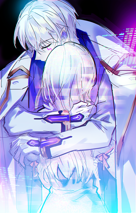 1boy, 1girl, add_(elsword), bangs, character_request, closed_eyes, closed_mouth, coat, coat_on_shoulders, dominator_(elsword), elsword, english_commentary, eyebrows_visible_through_hair, fractalmagnolia, gloves, hair_between_eyes, hug, jacket, long_hair, long_sleeves, white_coat, white_gloves, white_hair, white_jacket