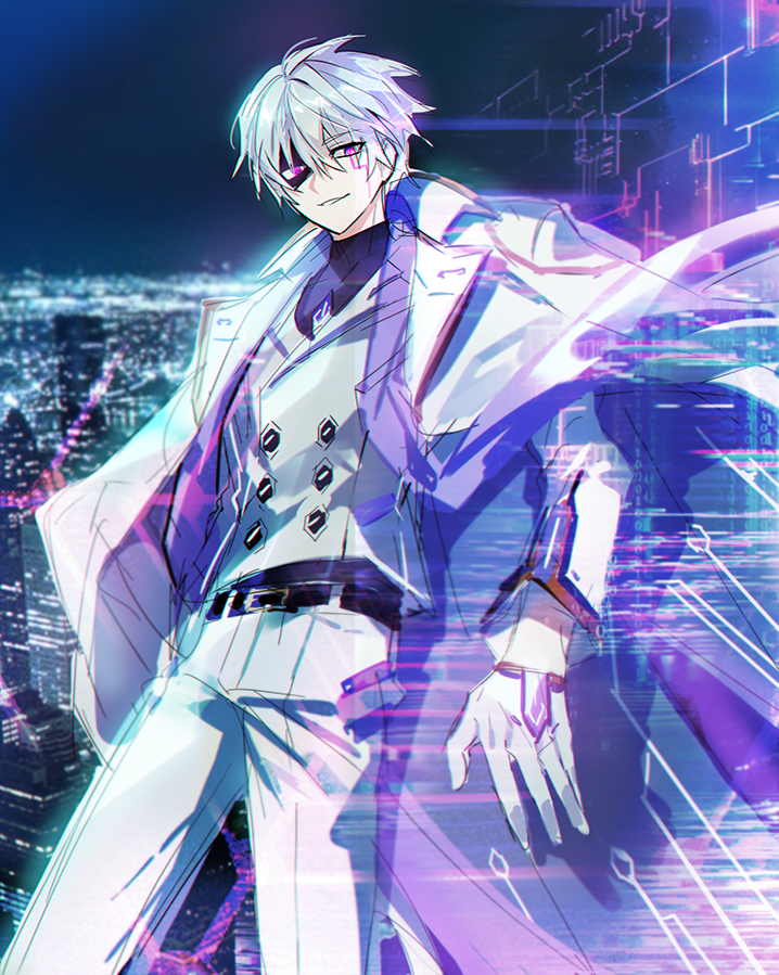 1boy, add_(elsword), bangs, black_shirt, city, coat, coat_on_shoulders, dominator_(elsword)