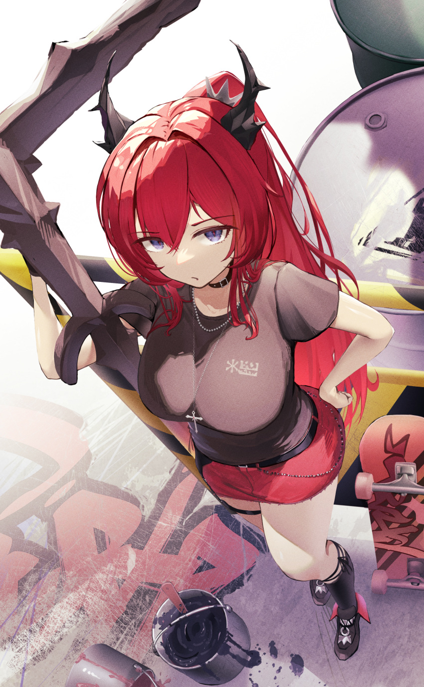 absurdres, arknights, belt, black_belt, breasts, choker, from_above, hair_bun