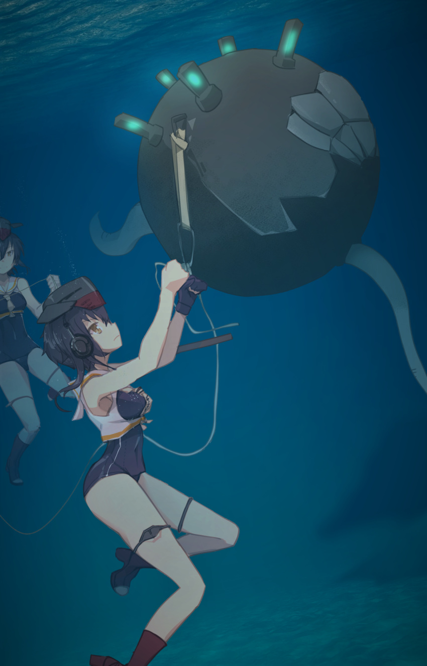 2girls, abyssal_ship, asymmetrical_hair, black_gloves, black_hair, breast_cutout, brown_eyes, enemy_naval_mine_(kancolle)