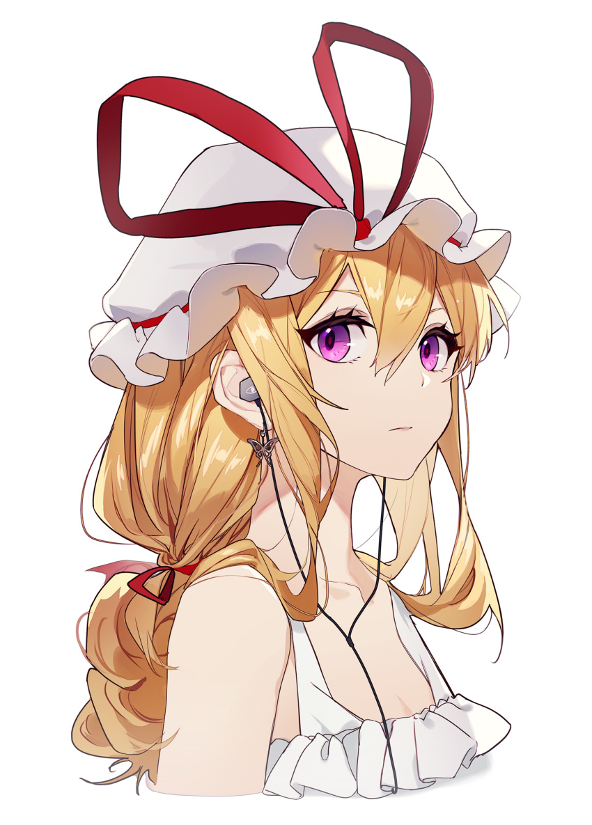1girl, alternate_costume, blonde_hair, closed_mouth, cropped_torso, earphones, hat, highres