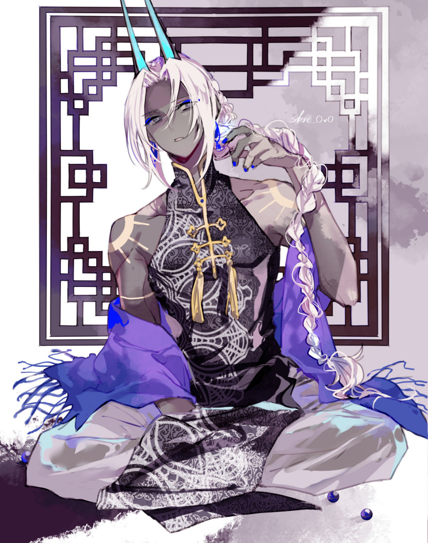 1boy, arjuna_(fate), arjuna_alter_(fate), bangs, bishounen, blue_eyes, braid, braided_ponytail