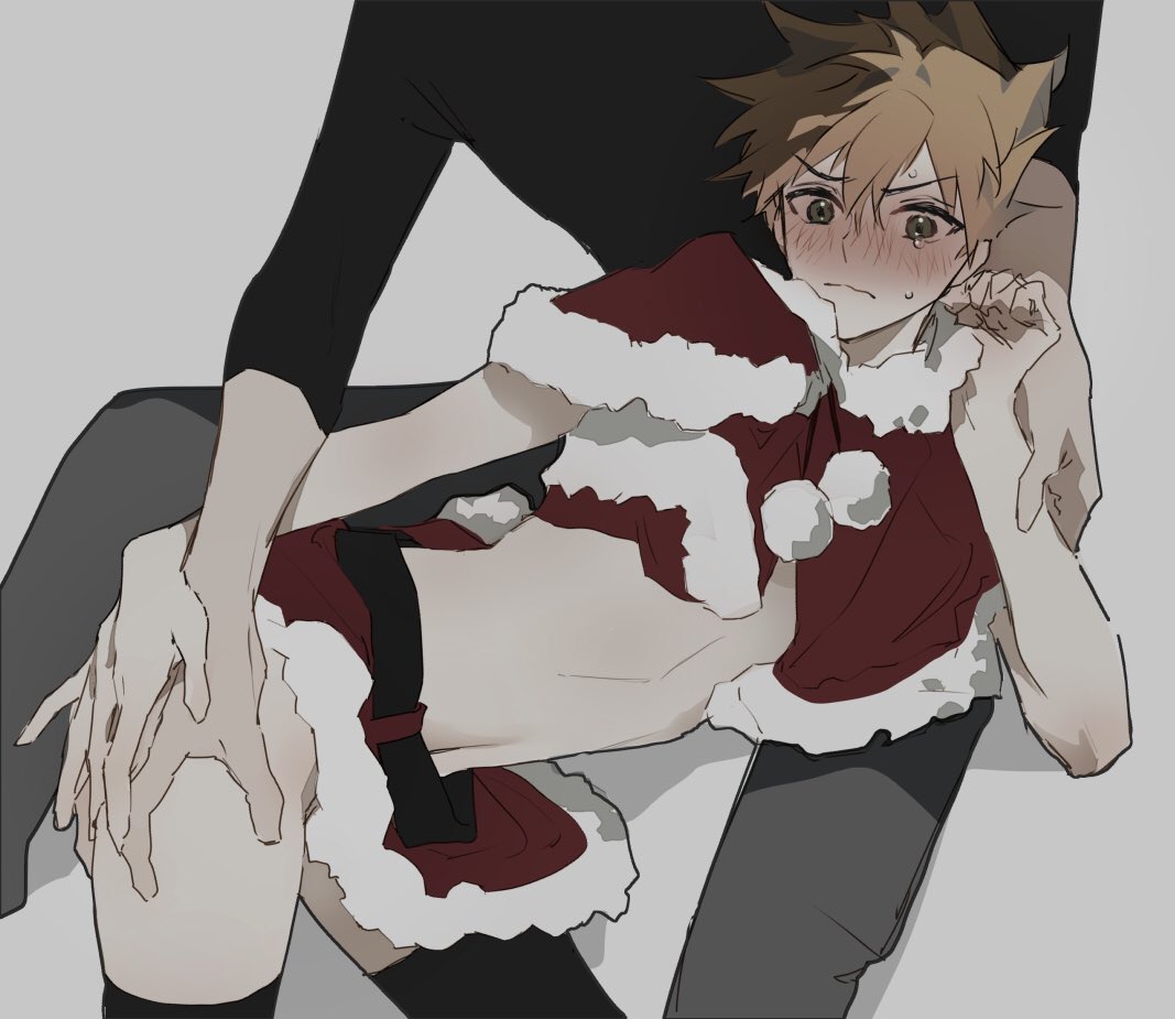 2boys, alternate_costume, bangs, black_legwear, black_shirt, blue_oak, blush, capelet, closed_mouth, crossdressing, fur-trimmed_capelet, fur-trimmed_skirt, fur_trim, grey_background, grey_eyes, grey_pants, hair_between_eyes, lying, male_focus, multiple_boys, navel, orange_hair, pants, pokemon, pokemon_(game), pokemon_rgby, red_capelet, red_skirt, sekaiitinoki, shirt, short_hair, sitting, skirt, sleeves_past_elbows, spiky_hair, sweat, thigh-highs