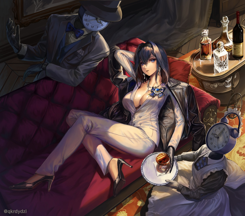 1girl, alcohol, apron, arm_behind_head, arm_up, black_dress, black_footwear, black_gloves