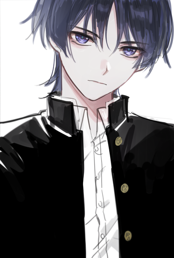 1boy, alternate_costume, bangs, black_jacket, closed_mouth, english_commentary, eyebrows_visible_through_hair, fractalmagnolia
