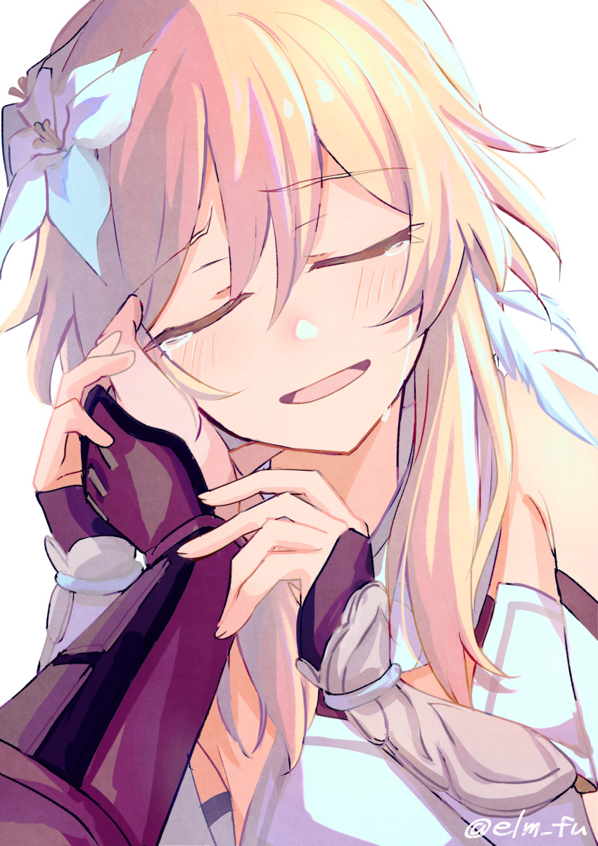 1girl, arm_guards, bangs, blonde_hair, blush, closed_eyes, detached_sleeves, dress, flower, genshin_impact, hair_flower, hair_ornament, highres, lumine_(genshin_impact), nanashino_(7shino_gs), open_mouth, pov, short_hair_with_long_locks, signature, simple_background, smile, tearing_up, tears, touching