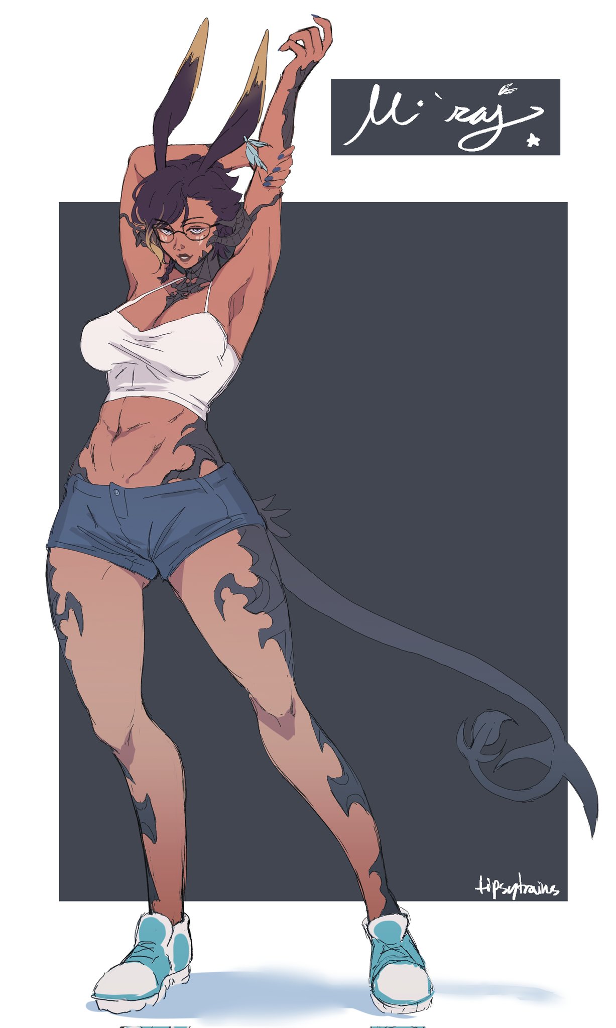 1girl, abs, animal_ears, armpits, arms_up, artist_name, au_ra, avatar_(ffxiv)