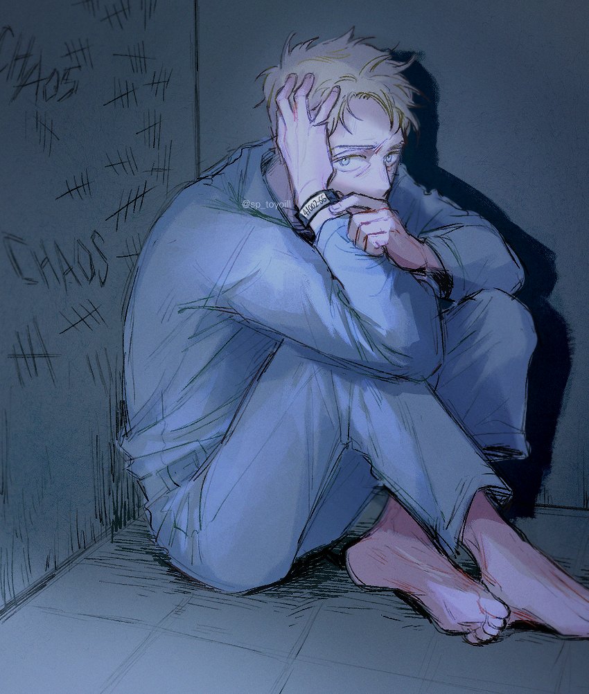 1boy, barefoot, blonde_hair, blue_eyes, hand_on_own_face, hospital_band, leopold_stotch, older, short_hair, sitting, solo, south_park, south_park:_post_covid, spoilers