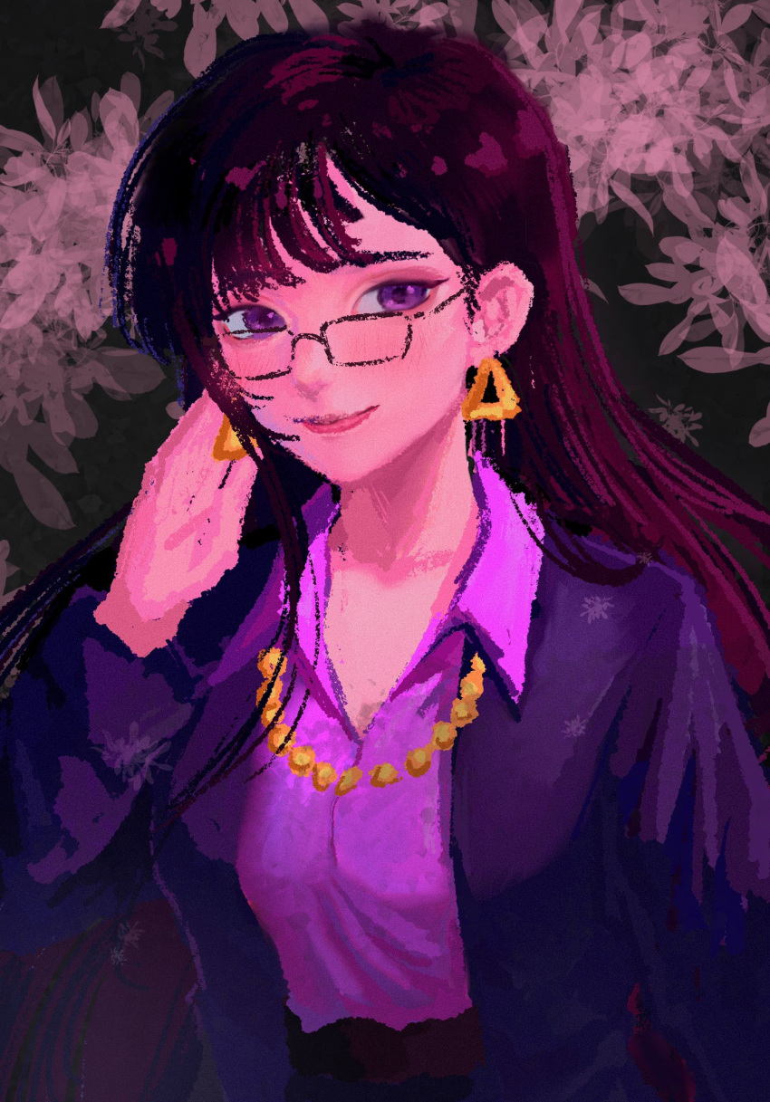 1girl, bangs, black_hair, blunt_bangs, business_suit, earrings, formal, glasses
