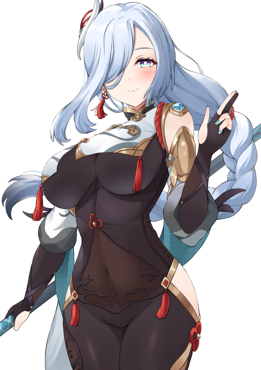 1girl, bangs, black_gloves, blue_eyes, blush, bodysuit, braid, braided_ponytail
