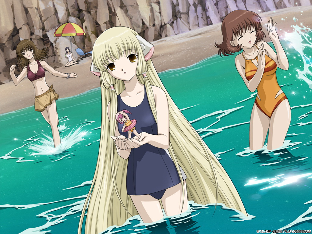 beach_umbrella, bikini, chii, chobits, dutch_angle, hibiya_chitose, official_art, one-piece_swimsuit