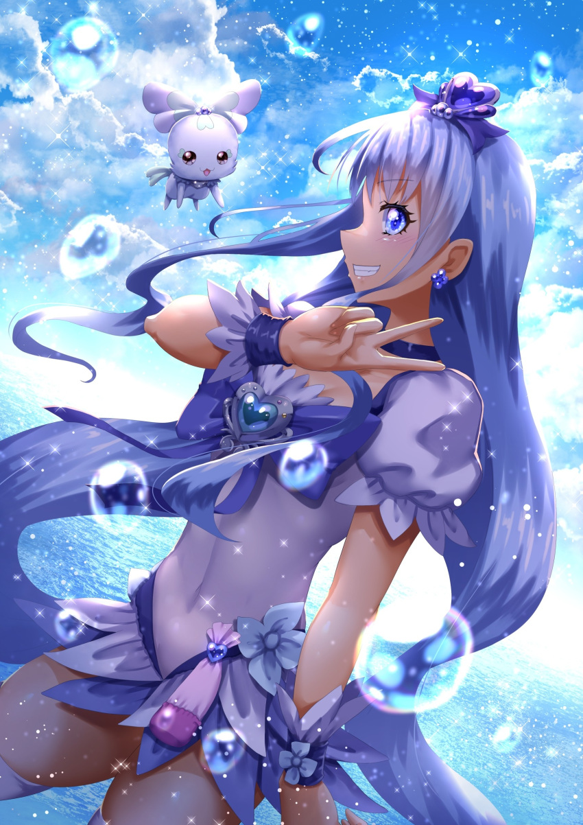 1girl, absurdres, blue_choker, blue_eyes, blue_hair, blue_skirt, blue_sky, brooch