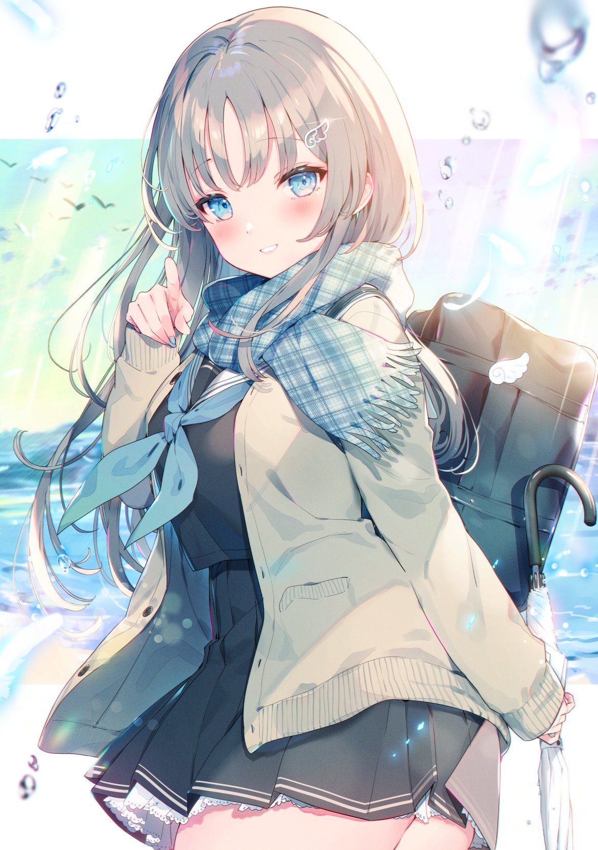 1girl, animal, aqua_background, aqua_eyes, bangs, beach, bird, black_bag