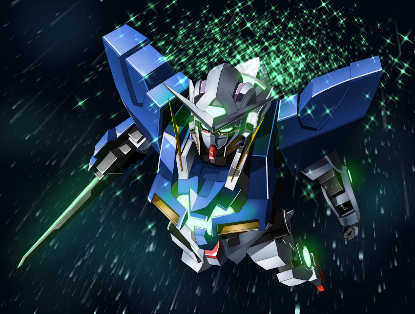 gundam, gundam_exia, highres, mecha, no_humans, roast_chicken-kun, shield, space, sword, weapon