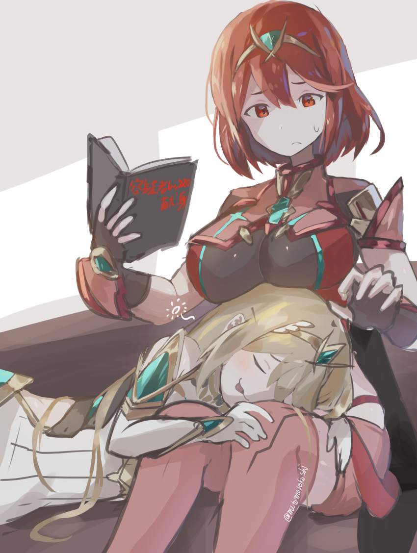 2girls, bangs, black_gloves, blonde_hair, breasts, chest_jewel, dress, earrings, fingerless_gloves, gloves, highres, jewelry, large_breasts, long_hair, multiple_girls, mutomorokoshi, mythra_(xenoblade), pyra_(xenoblade), red_eyes, red_legwear, red_shorts, redhead, short_dress, short_hair, short_shorts, shorts, swept_bangs, thigh-highs, tiara, very_long_hair, white_dress, xenoblade_chronicles_(series), xenoblade_chronicles_2, yellow_eyes