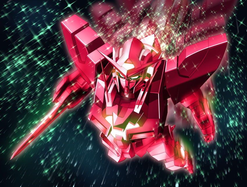 gundam, gundam_exia, highres, mecha, no_humans, roast_chicken-kun, shield, space, sword, weapon