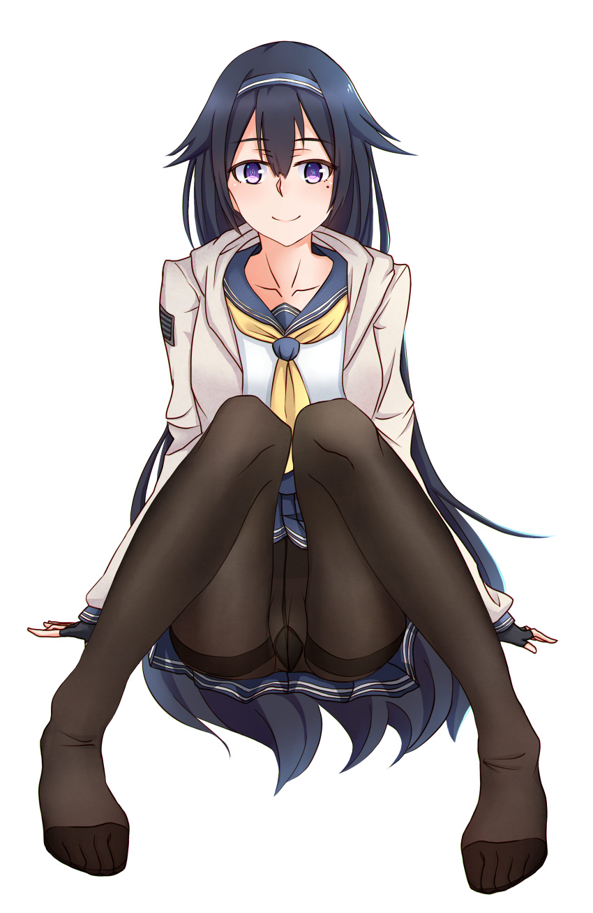 1girl, absurdres, bangs, black_hair, black_legwear, closed_mouth, eyebrows_visible_through_hair, fingerless_gloves