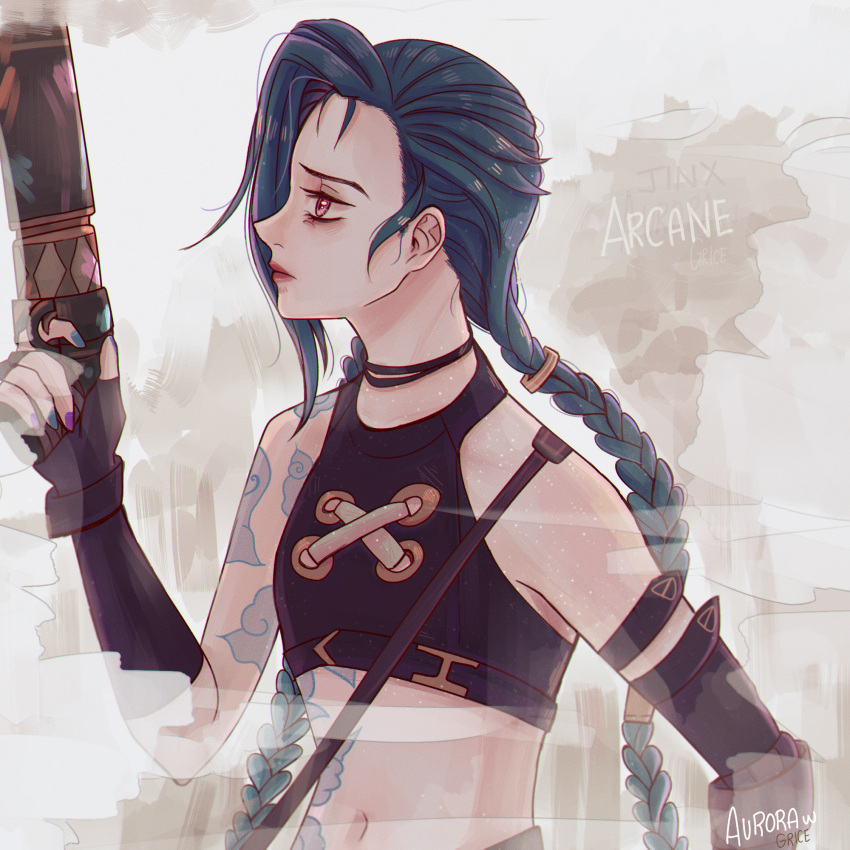 1girl, arcane:_league_of_legends, arcane_jinx, artist_name, aurora_williams, bangs, bare_shoulders, black_choker, blue_nails, braid, breasts, brown_gloves, choker, closed_mouth, cloud_tattoo, commentary_request, crop_top, fingerless_gloves, gloves, grey_background, gun, hair_ornament, hand_up, highres, holding, holding_gun, holding_weapon, jinx_(league_of_legends), league_of_legends, long_hair, navel, profile, red_eyes, shiny, shiny_hair, simple_background, small_breasts, stomach, striped_sleeves, twin_braids, weapon