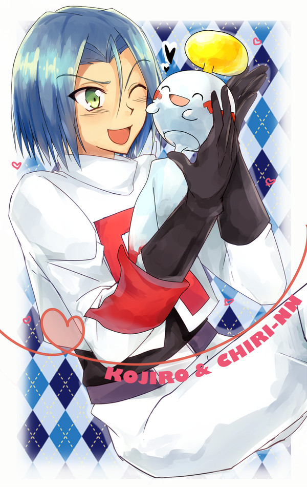 1boy, argyle, argyle_background, black_gloves, blue_hair, character_name, chimecho, closed_eyes, gloves, green_eyes, heart, james_(pokemon), male_focus, one_eye_closed, open_mouth, pants, pokemon, pokemon_(creature), ruru_kirby, short_hair, team_rocket, white_pants
