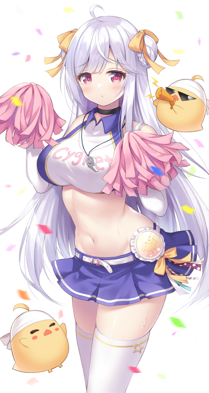 1girl, ahoge, azur_lane, bangs, bare_shoulders, belt, bird, black_choker, blush, blush_stickers, braid, braided_bun, breasts, character_name, cheerleader, chick, choker, closed_mouth, clothes_writing, commentary, cowboy_shot, crop_top, cropped_shirt, cygnet_(azur_lane), cygnet_(royal_fanfare)_(azur_lane), double_bun, elbow_gloves, eyebrows_visible_through_hair, gloves, groin, hair_between_eyes, hair_ornament, hair_ribbon, highres, holding, holding_megaphone, holding_pom_poms, large_breasts, long_hair, looking_at_viewer, manjuu_(azur_lane), megaphone, midriff, navel, official_alternate_costume, pink_pom_poms, pleated_skirt, pom_pom_(cheerleading), purple_skirt, red_eyes, ribbon, sakuba_nao, shirt, sidelocks, simple_background, skindentation, skirt, sleeveless, sleeveless_shirt, standing, sweat, taut_clothes, taut_shirt, thigh-highs, two-tone_shirt, whistle, whistle_around_neck, white_background, white_belt, white_gloves, white_hair, white_legwear, white_shirt, yellow_ribbon, zettai_ryouiki