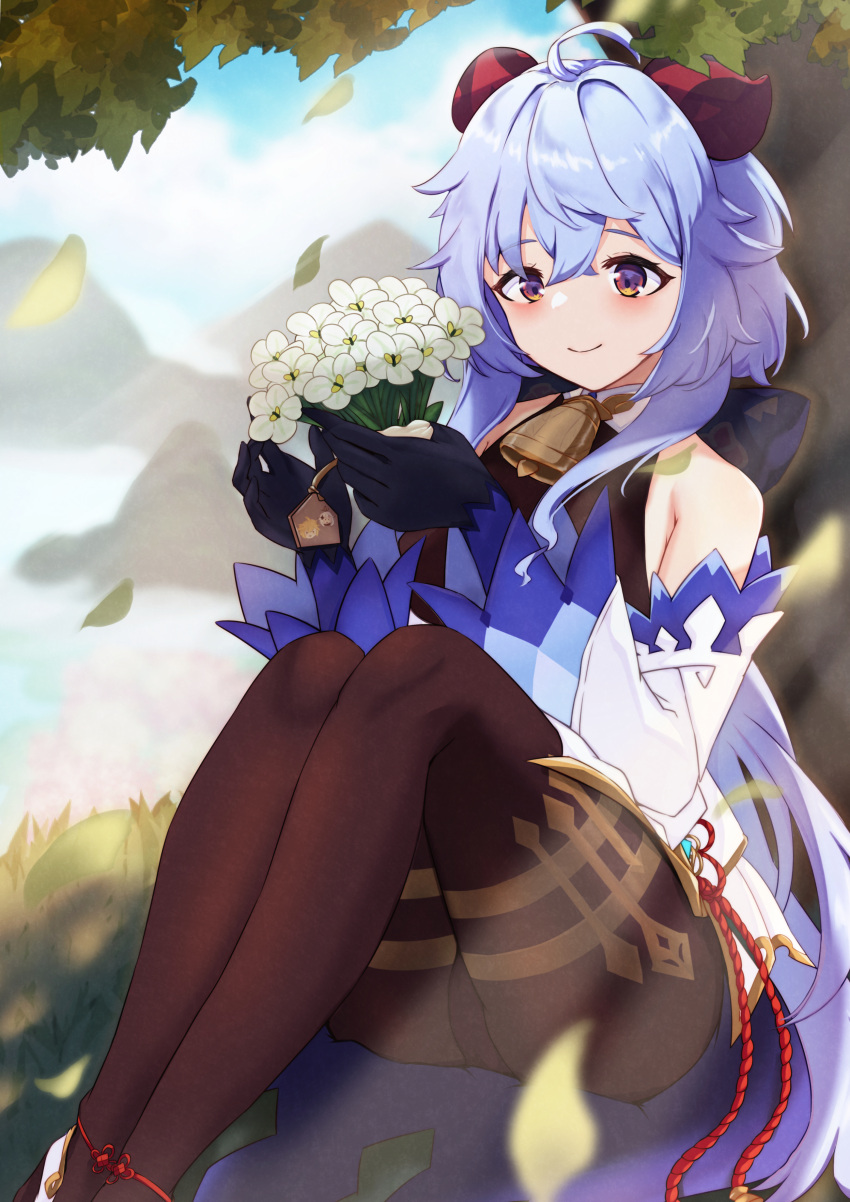 1girl, absurdres, aether_(genshin_impact), against_tree, ahoge, artist_name, bangs, bare_shoulders, bell, black_gloves, black_legwear, blue_hair, blush, bouquet, breasts, ccveru, character_profile, chinese_knot, curled_horns, day, detached_sleeves, eyebrows_visible_through_hair, falling_leaves, flower, flower_knot, ganyu_(genshin_impact), genshin_impact, gloves, gold_trim, grass, highres, holding, holding_bouquet, horns, large_breasts, leaf, long_hair, looking_at_viewer, neck_bell, paimon_(genshin_impact), red_horns, red_rope, rope, sidelocks, sitting, smile, solo, tassel, thighlet, tree, violet_eyes, vision_(genshin_impact), white_flower, white_footwear, white_sleeves, wide_sleeves