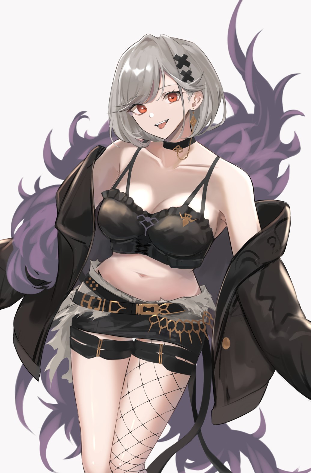 1girl, :p, alter_ego_malevolent_(granblue_fantasy), asymmetrical_legwear, bangs, bare_shoulders, belt, black_choker