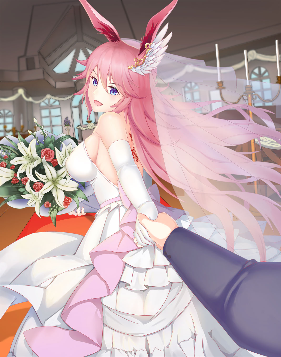 1boy, 1girl, :d, alternate_eye_color, animal_ears, back, bangs, black_jacket, blue_eyes, blue_sky, bouquet, breasts, bridal_veil, captain_(honkai_impact), church, dress, elbow_gloves, flower, formal, fox_ears, gloves, hair_between_eyes, hair_ornament, highres, holding, holding_bouquet, holding_hands, honkai_(series), honkai_impact_3rd, indoors, jacket, long_hair, long_sleeves, looking_at_viewer, looking_back, open_mouth, pink_hair, red_flower, red_rose, rose, sideboob, sky, sleeveless, sleeveless_dress, smile, strapless, strapless_dress, tattoo, veil, wedding, wedding_dress, white_dress, white_flower, white_gloves, yae_sakura, ye_zhi_guantou_(1612683033)
