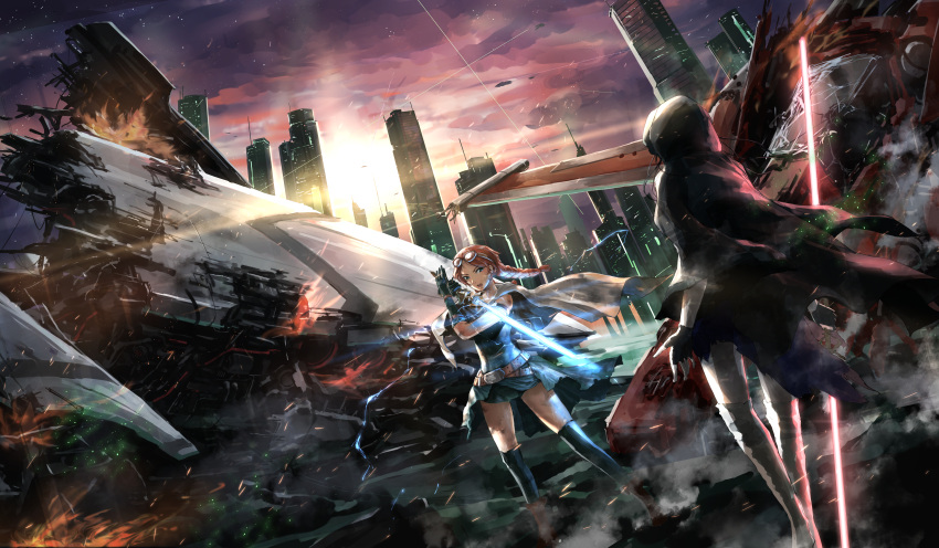 2girls, absurdres, belt, black_hair, blue_eyes, braid, building, cape, city, clouds, cloudy_sky, duel_monster, embers, energy_sword, feet_out_of_frame, fingerless_gloves, gloves, goggles, goggles_on_head, highres, hood, hood_up, kozmo_farmgirl, kozmoll_wickedwitch, long_hair, multiple_girls, open_mouth, orange_hair, science_fiction, shirt, sky, sleeveless, sleeveless_shirt, space_craft, sunlight, sword, takuan_(a_mood_home), thigh-highs, weapon, wreckage, yu-gi-oh!