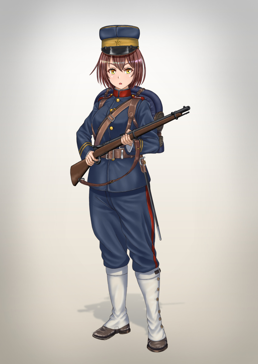 1girl, absurdres, gun, hat, highres, imperial_japanese_army, kepi, military