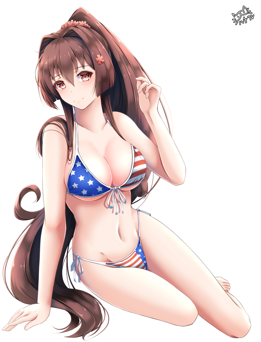 1girl, alternate_costume, american_flag_bikini, bikini, breasts, brown_eyes, brown_hair, cherry_blossoms