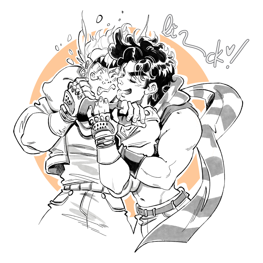 2boys, arm_around_neck, bare_shoulders, battle_tendency, caesar_anthonio_zeppeli, closed_eyes, cropped_jacket, deliciest, facial_mark, feather_hair_ornament, feathers, fingerless_gloves, gloves, hair_ornament, headband, jojo_no_kimyou_na_bouken, joseph_joestar, joseph_joestar_(young), licking, licking_another's_face, male_focus, midriff, multiple_boys, scarf, striped, striped_scarf, triangle_print