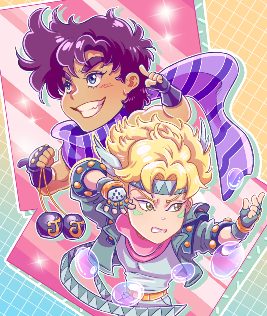 2boys, blonde_hair, blue_eyes, bola_(weapon), bubble, caesar_anthonio_zeppeli, chibi, clacker, deliciest, facial_mark, fingerless_gloves, gloves, green_eyes, green_jacket, headband, jacket, jojo_no_kimyou_na_bouken, joseph_joestar, joseph_joestar_(young), male_focus, multicolored_clothes, multicolored_scarf, multiple_boys, purple_hair, scarf, striped, striped_scarf, triangle_print, winged_hair_ornament