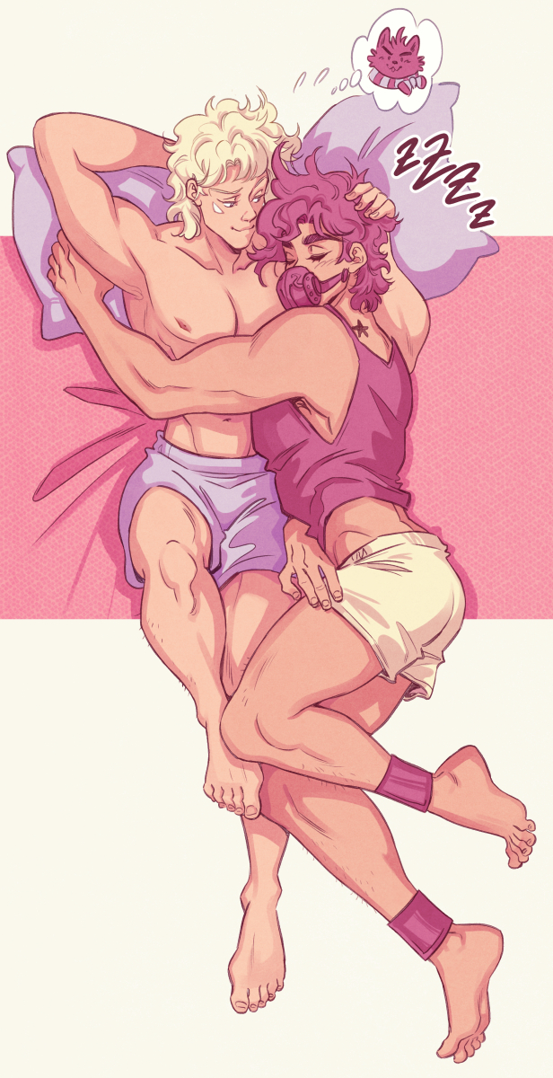 2boys, animalization, battle_tendency, birthmark, black_hair, blonde_hair, boxers, caesar_anthonio_zeppeli