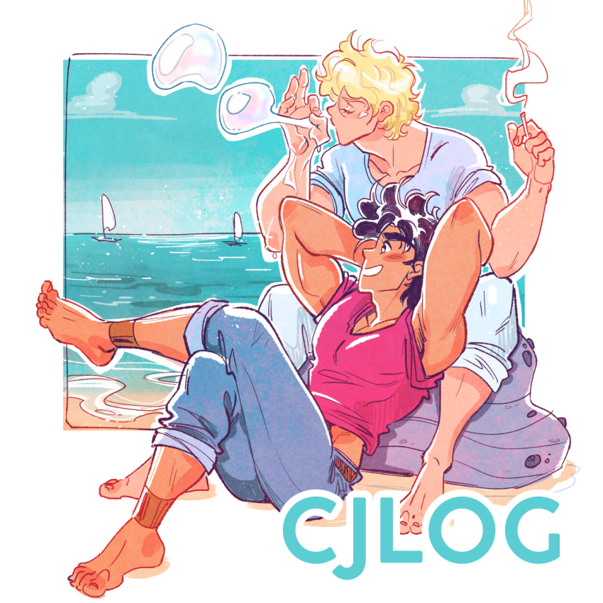 2boys, anklet, barefoot, battle_tendency, beach, black_hair, blonde_hair, blush