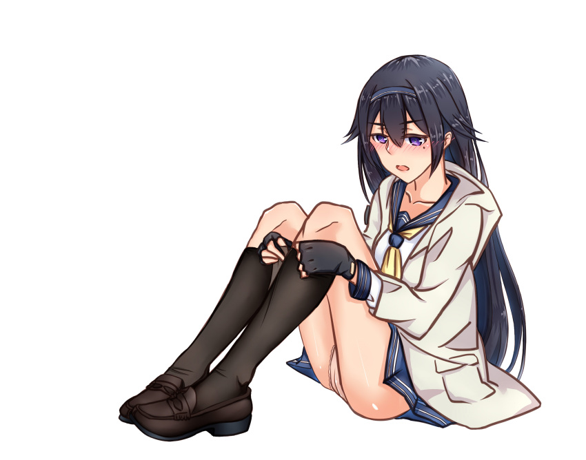 1girl, bangs, black_gloves, black_hair, black_legwear, blue_skirt, blush, brown_footwear
