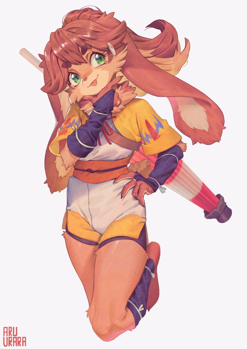 1girl, absurdres, airborne, alien, arm_guards, brown_hair, eyebrows_visible_through_hair, furry