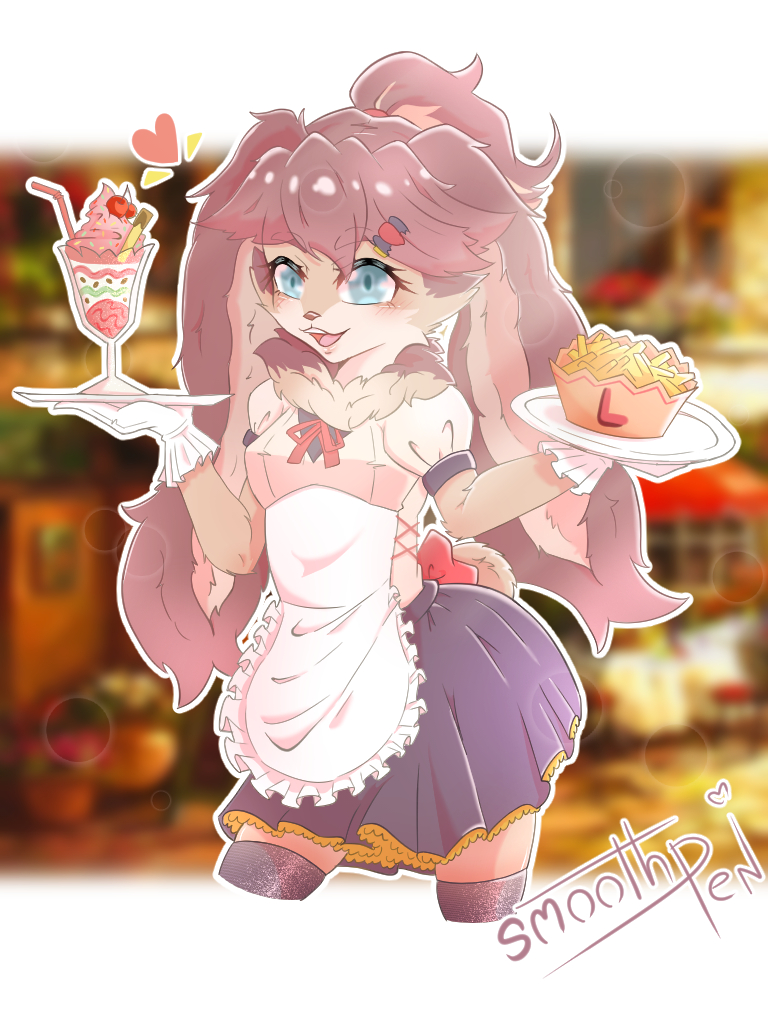 1girl, alien, animal_ears, apron, artist_name, bangs, black_skirt, blue_eyes