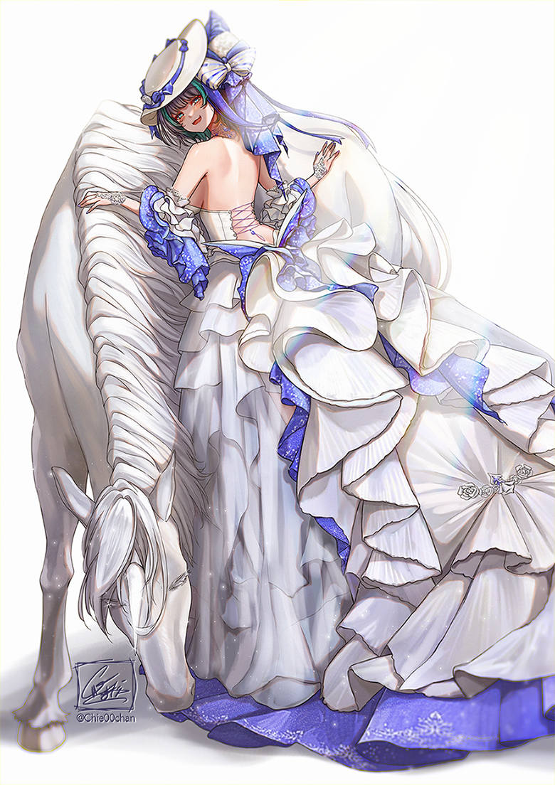 1girl, azur_lane, backless_dress, backless_outfit, blue_hair, bow, breasts, cheshire_(azur_lane)