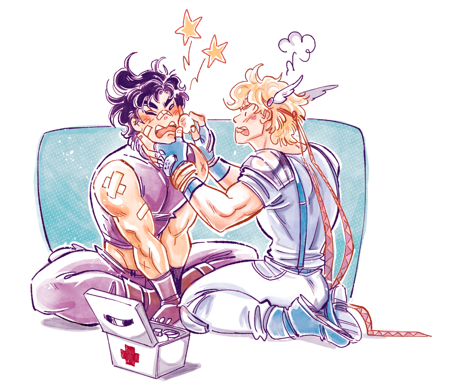 2boys, applying_bandages, bandage_on_nose, battle_tendency, black_hair, blonde_hair, caesar_anthonio_zeppeli, deliciest