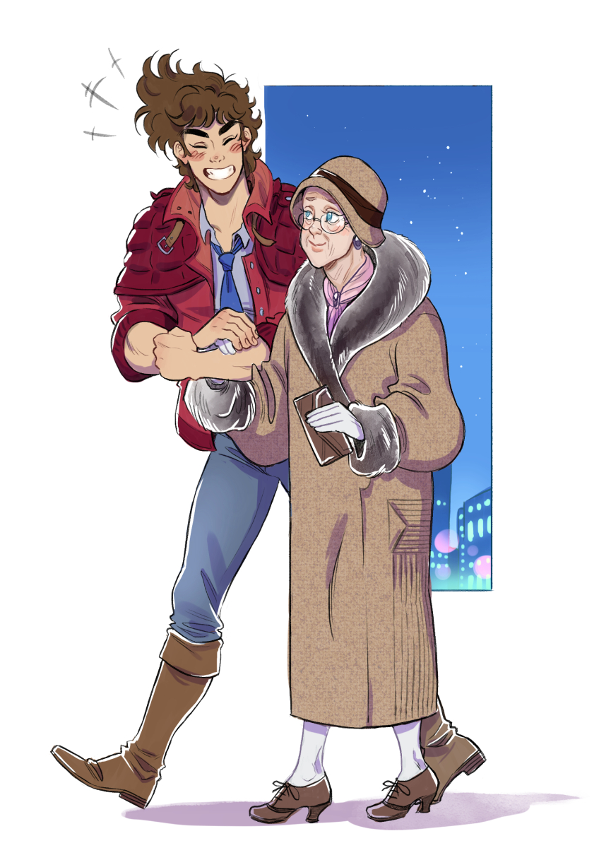 1boy, 1girl, battle_tendency, blush, boots, brown_hair, deliciest, denim