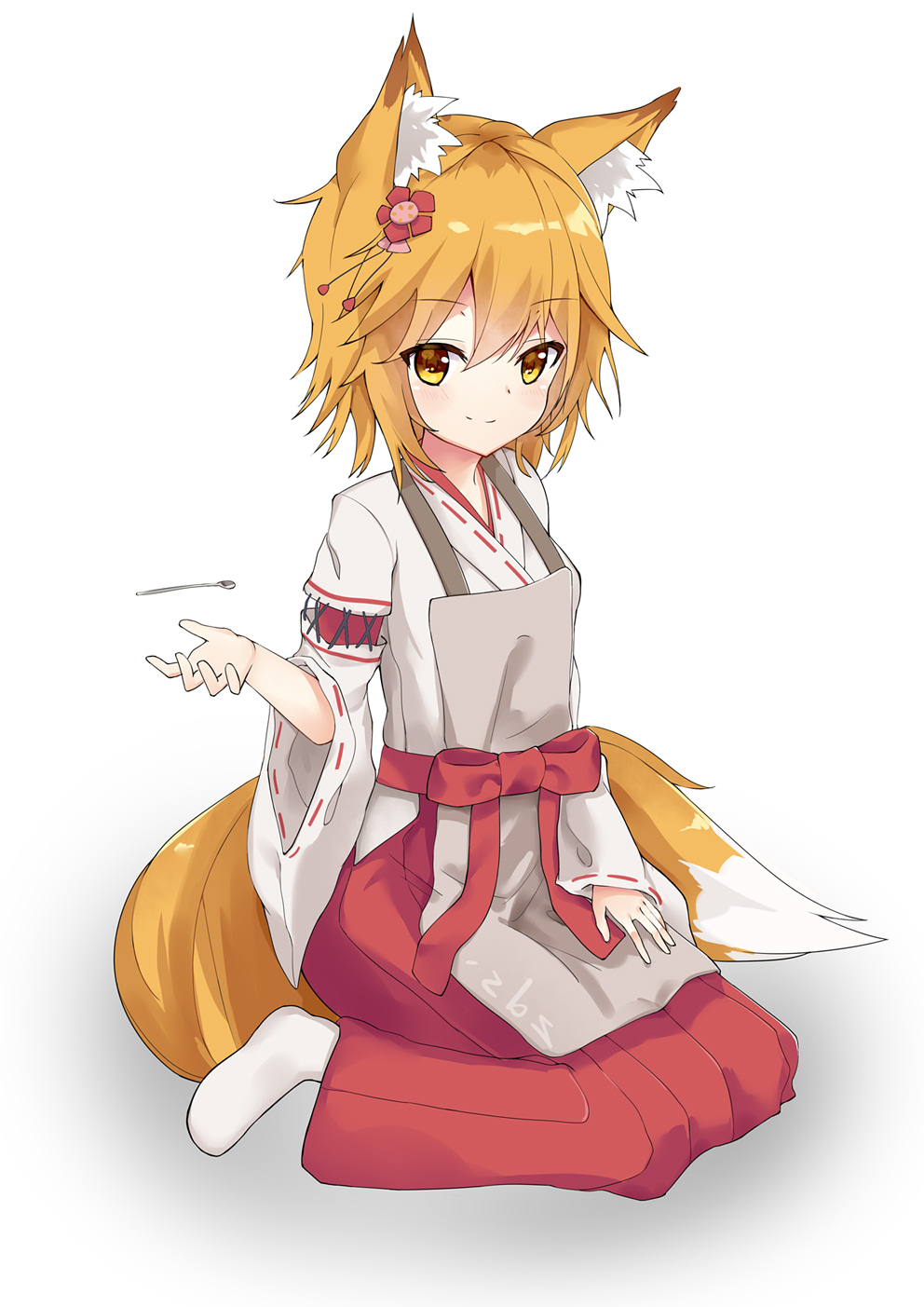 1girl, animal_ears, apron, bangs, blush, eyebrows_visible_through_hair, flower, fox_ears