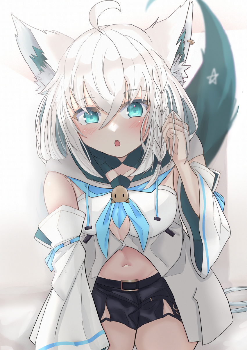 1girl, absurdres, adjusting_hair, ahoge, animal_ear_fluff, animal_ears, bangs, belt