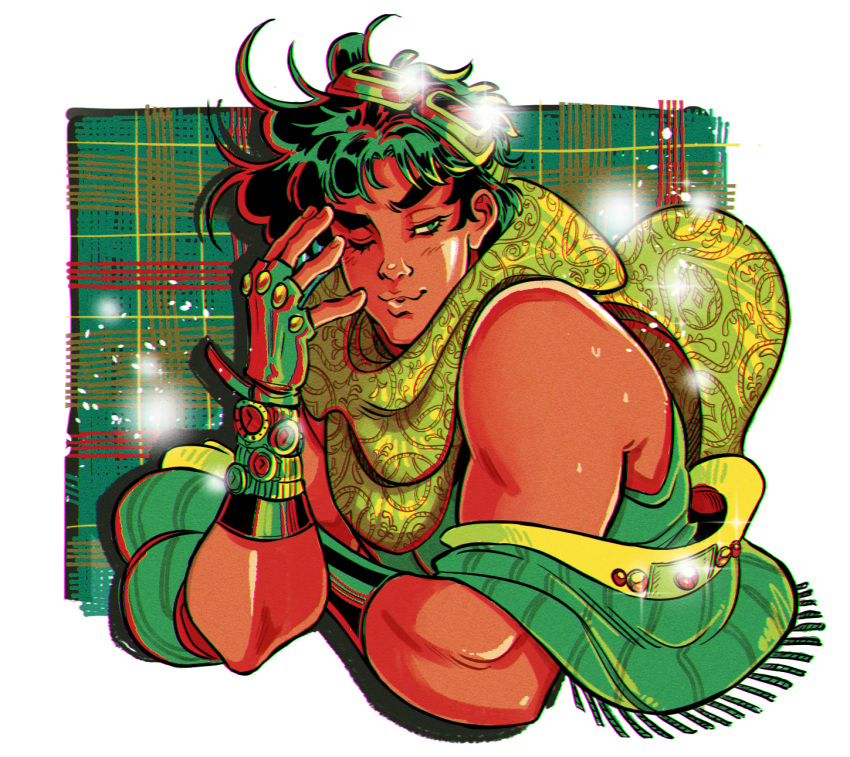 1boy, bare_shoulders, battle_tendency, deliciest, fingerless_gloves, gloves, goggles, goggles_on_head