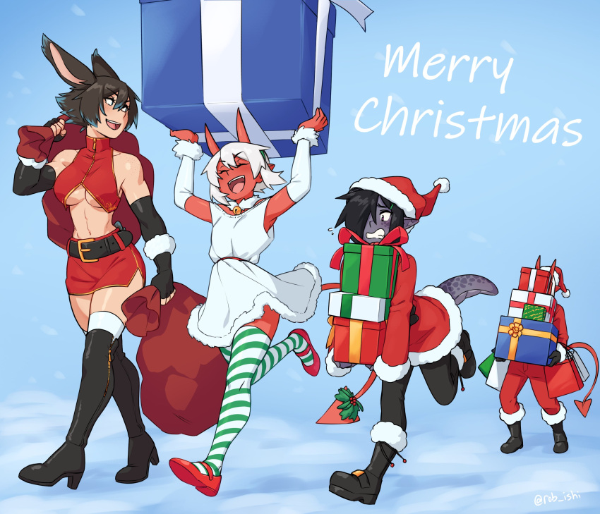 1boy, 3girls, absurdres, animal_ears, bag, bare_shoulders, belt, belt_buckle